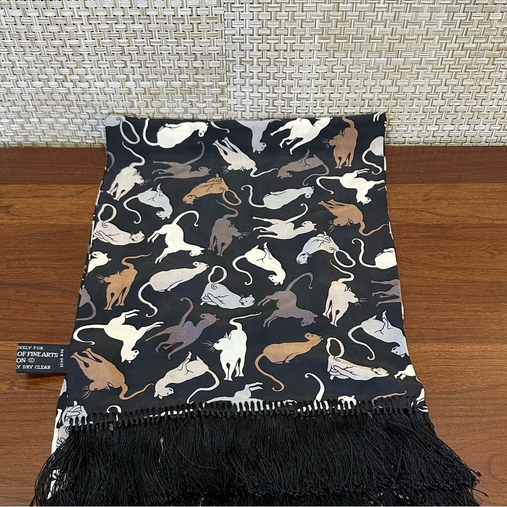 🌟HP🌟VTG 1990s Museum of Fine Arts Boston (MFA) Black 100% Silk Cat Scarf Fringe - Picture 9 of 11